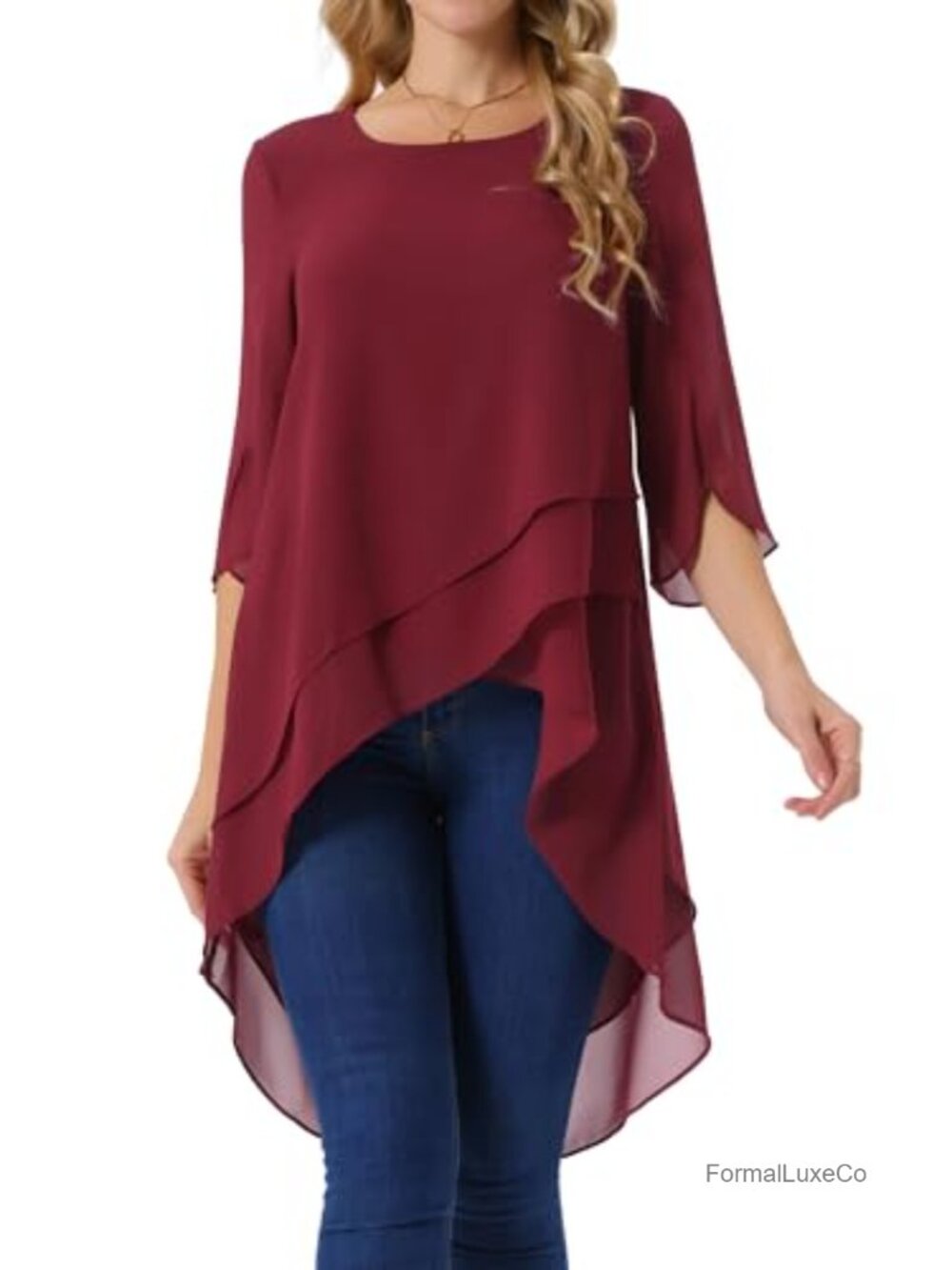 High Low Chiffon Blouse 3/4 Bell Sleeve Asymmetrical Tunic Top